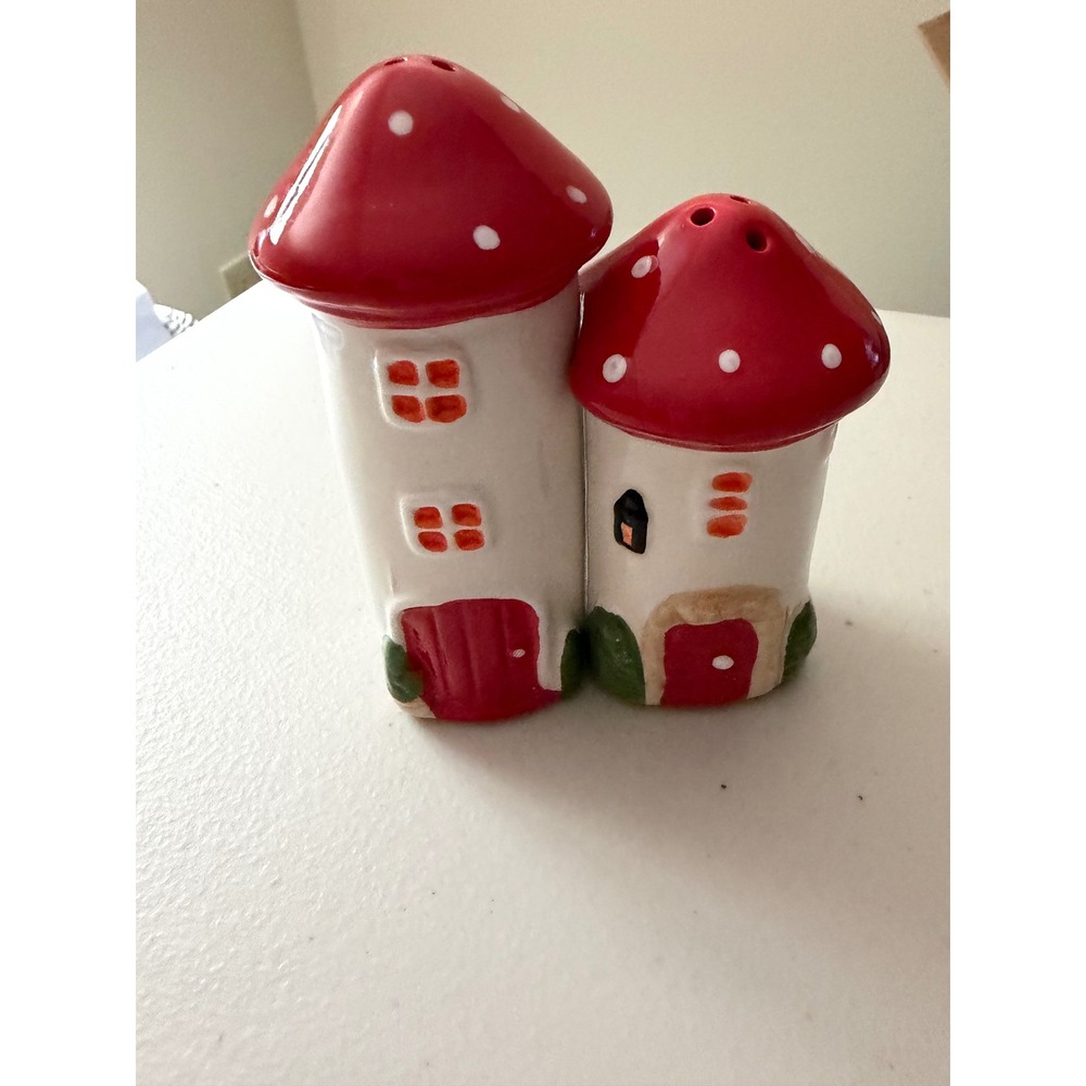 Vintage Style Mushroom House Salt and Pepper Shakers Red Toadstool Cottagecore